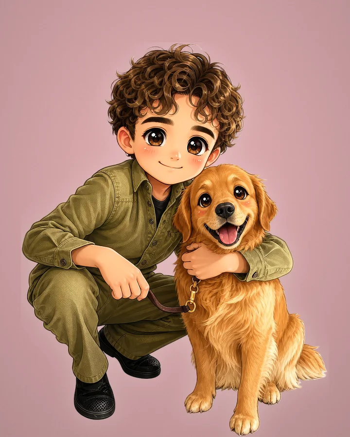 Portrait chibi d’un homme et de son chien
