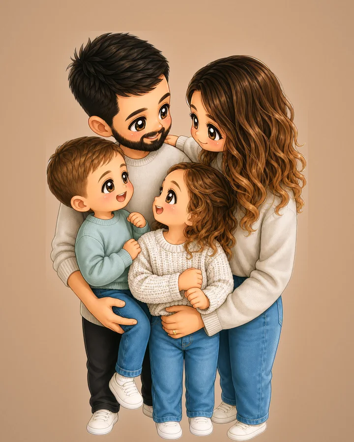 Portrait chibi d’une famille de quatre