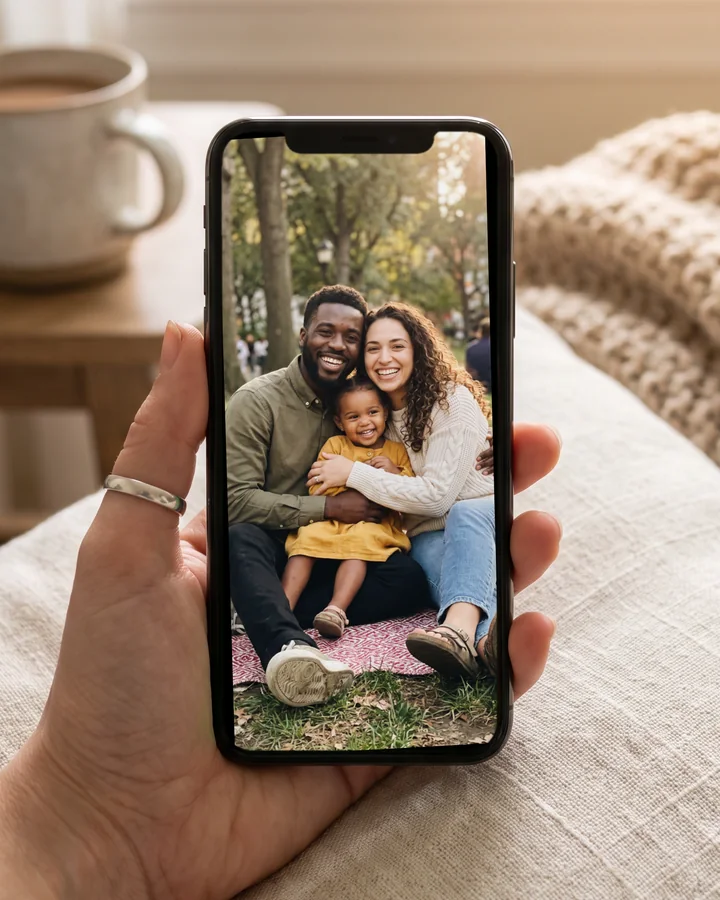 Une main tient un téléphone qui affiche la photo d’un couple