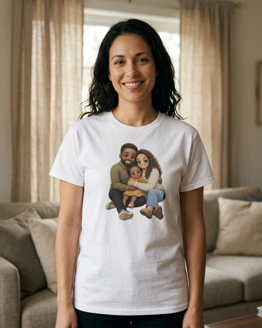 Une femme porte un t-shirt blanc imprimé du portrait chibi de la famille