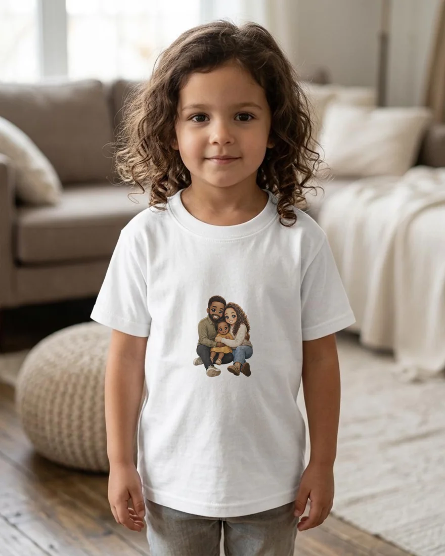 Une petite fille porte un t-shirt blanc imprimé du même portrait