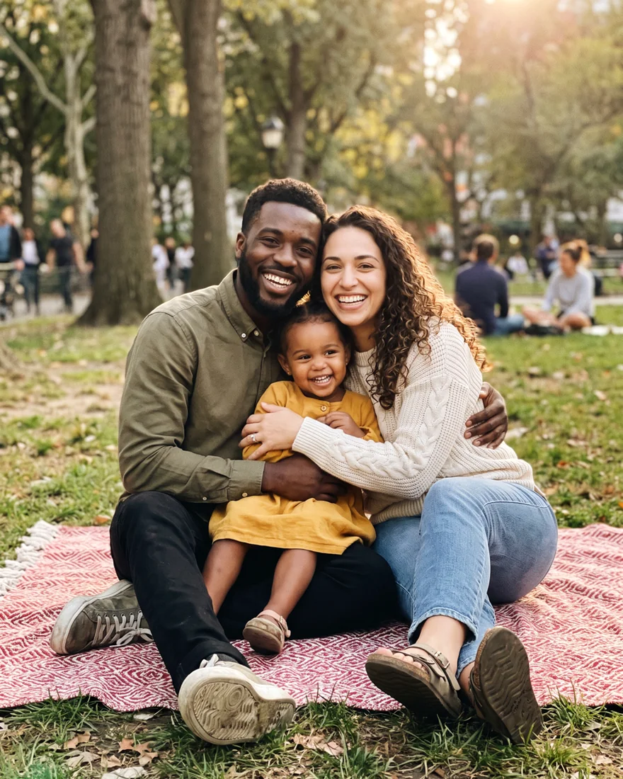 Photo d’une famille assise sur une couverture dans un parc : le père, la mère et leur petite fille, serrés les uns contre les autres