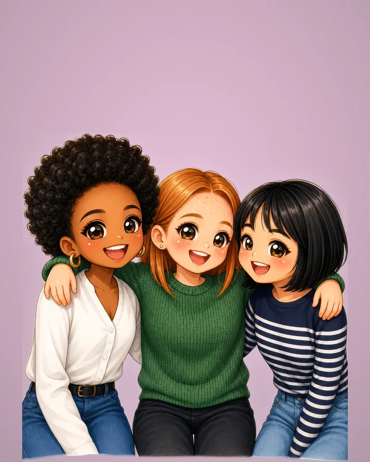 Les trois mêmes amies en portrait chibi