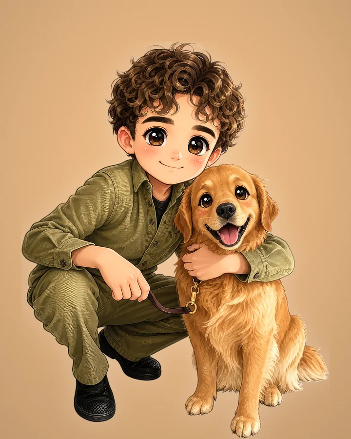 Le même garçon et son chien en portrait chibi