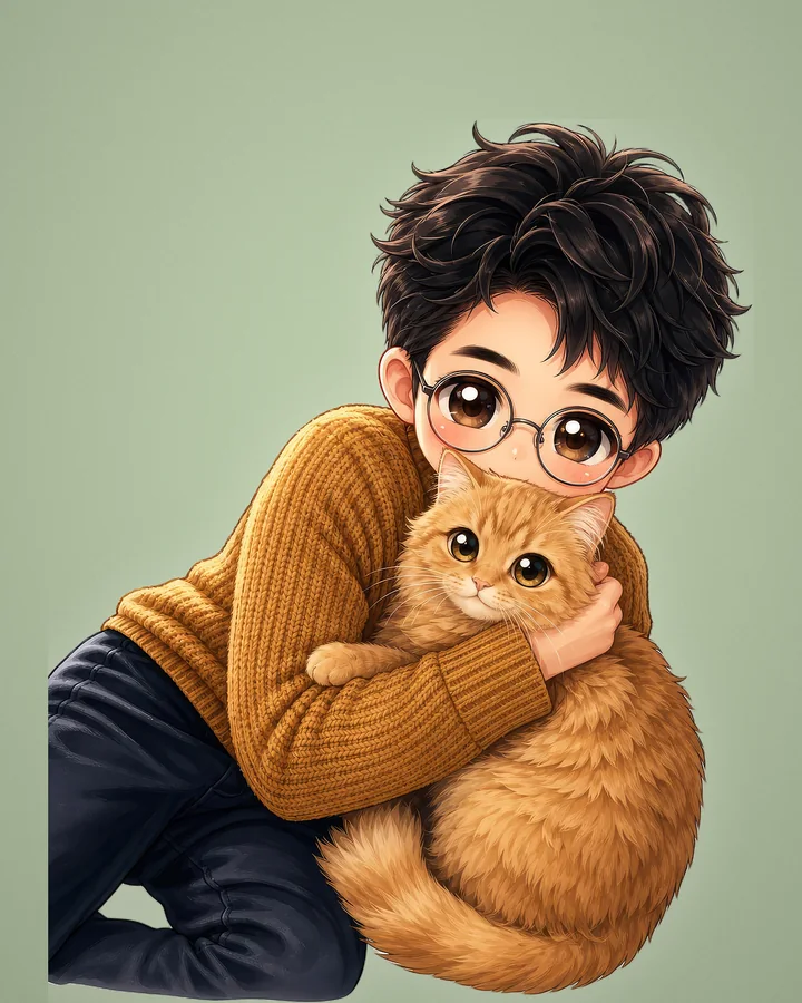 Le même jeune homme et son chat en portrait chibi