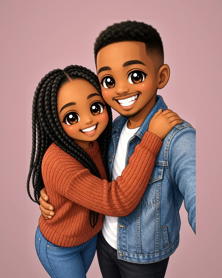 Le même couple en portrait chibi, tresses et veste en jean compris