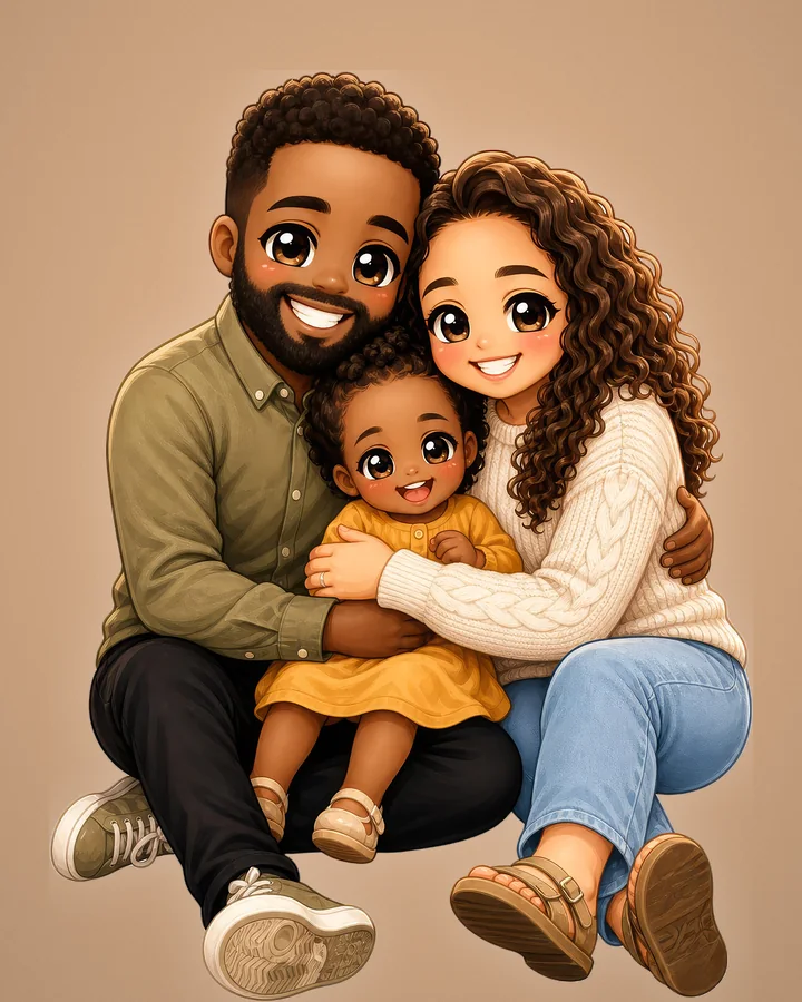 La même famille en portrait chibi, mêmes vêtements, même étreinte