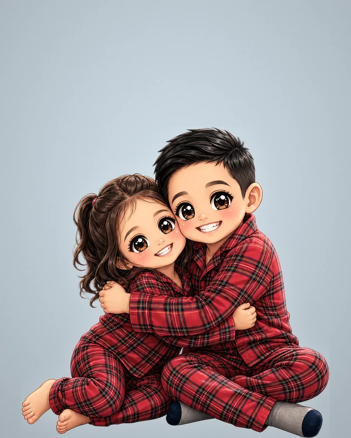 Le même frère et la même sœur en portrait chibi, pyjamas à carreaux compris
