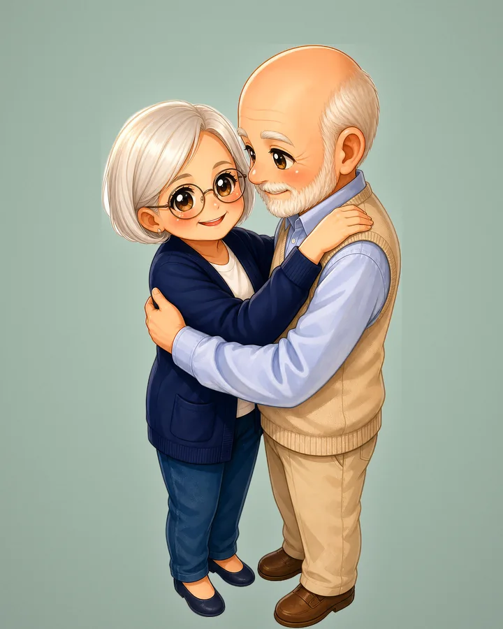Les mêmes grands-parents en portrait chibi, lunettes, gilet et barbe blanche compris