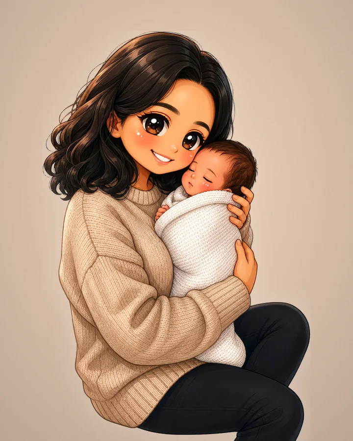 La même mère et son bébé en portrait chibi
