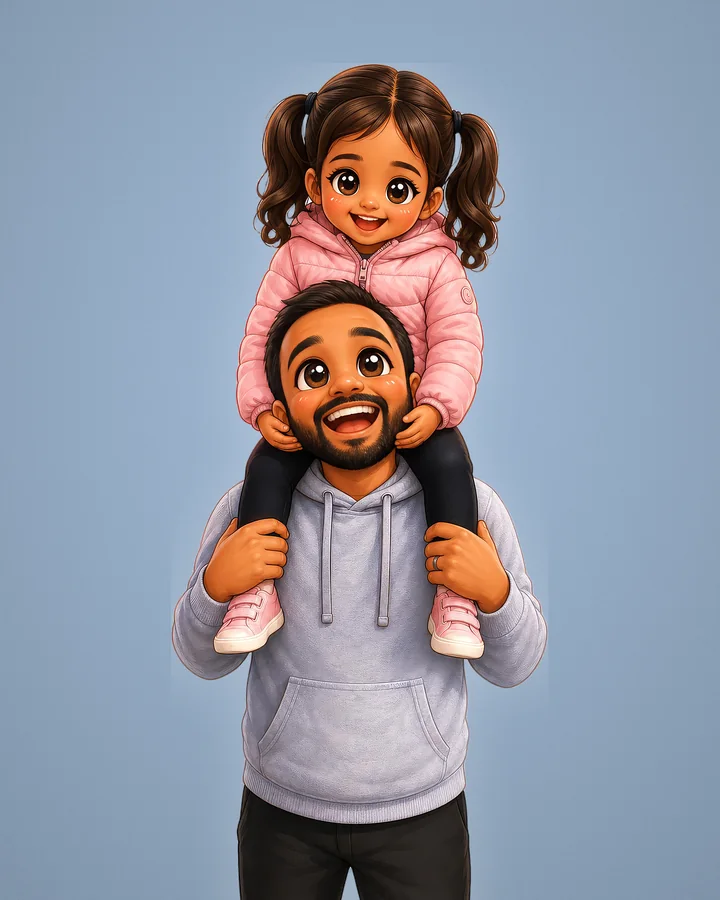 Le même père et sa fille en portrait chibi