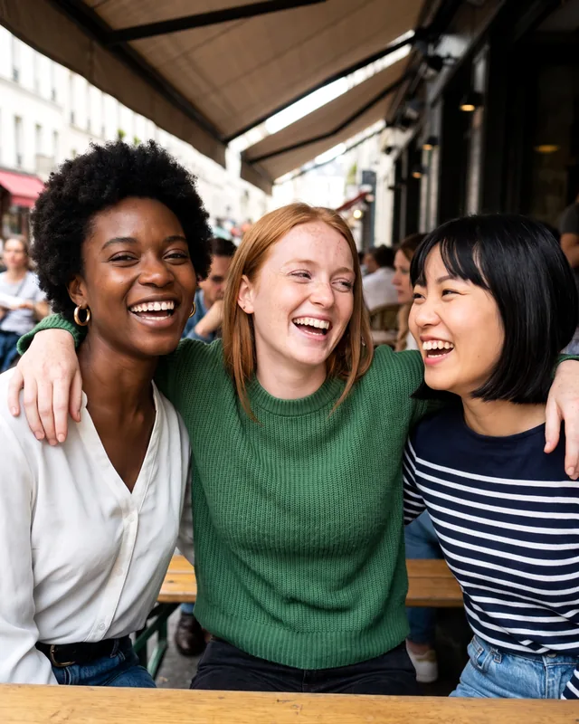 Photo de trois amies qui rient en terrasse