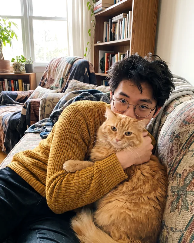 Photo d’un jeune homme qui serre son chat roux contre sa joue