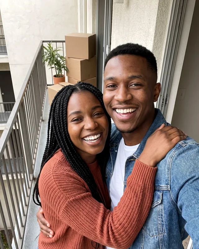 Photo d’un couple enlacé sur le balcon de son nouvel appartement