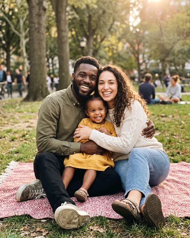 Photo d’une famille assise sur une couverture dans un parc