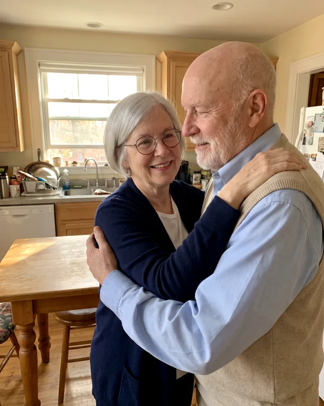 Photo d’un couple de grands-parents qui dansent dans leur cuisine