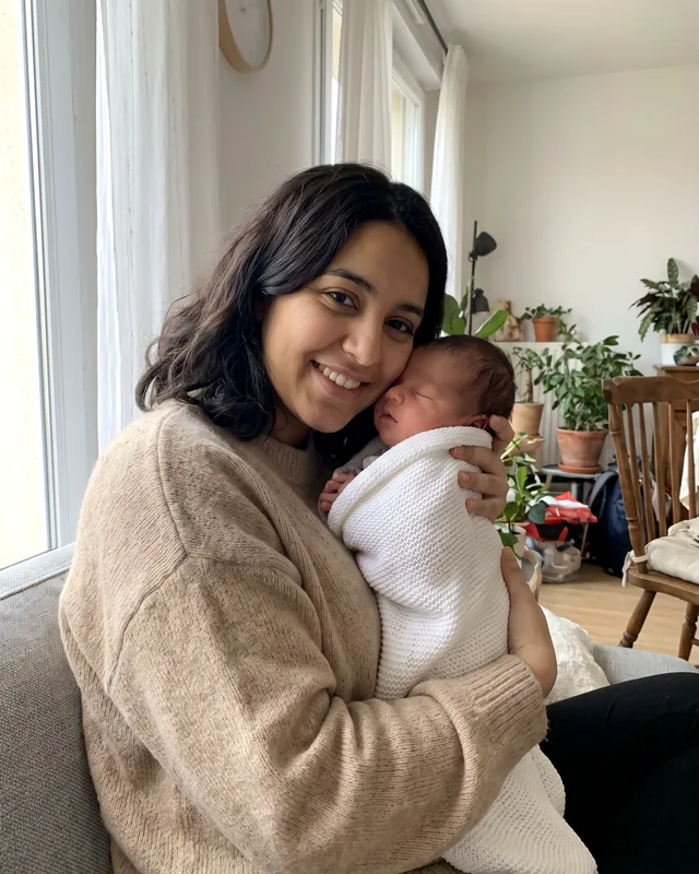 Photo d’une mère qui tient son nouveau-né emmailloté contre sa joue