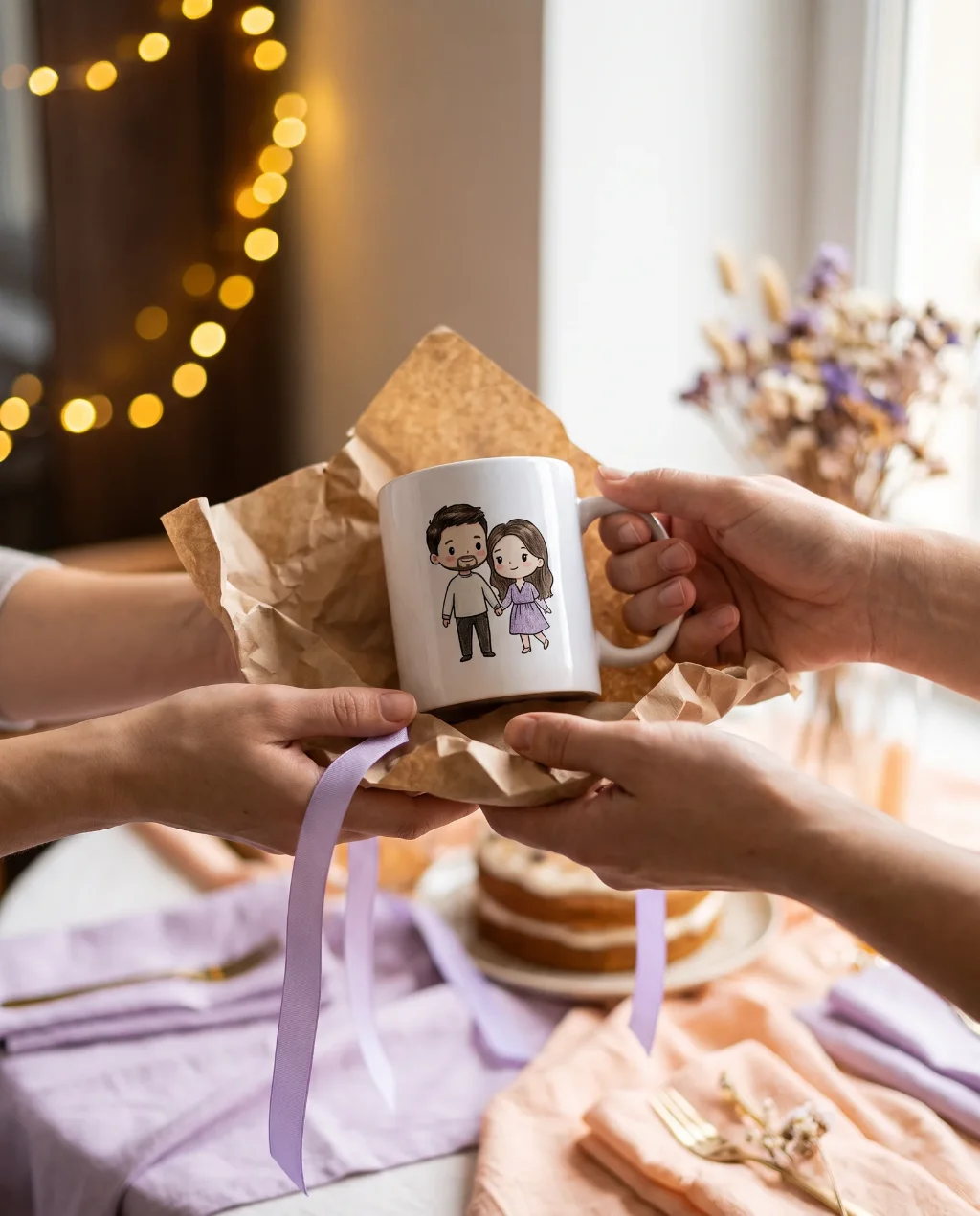Un mug avec portrait chibi offert en cadeau